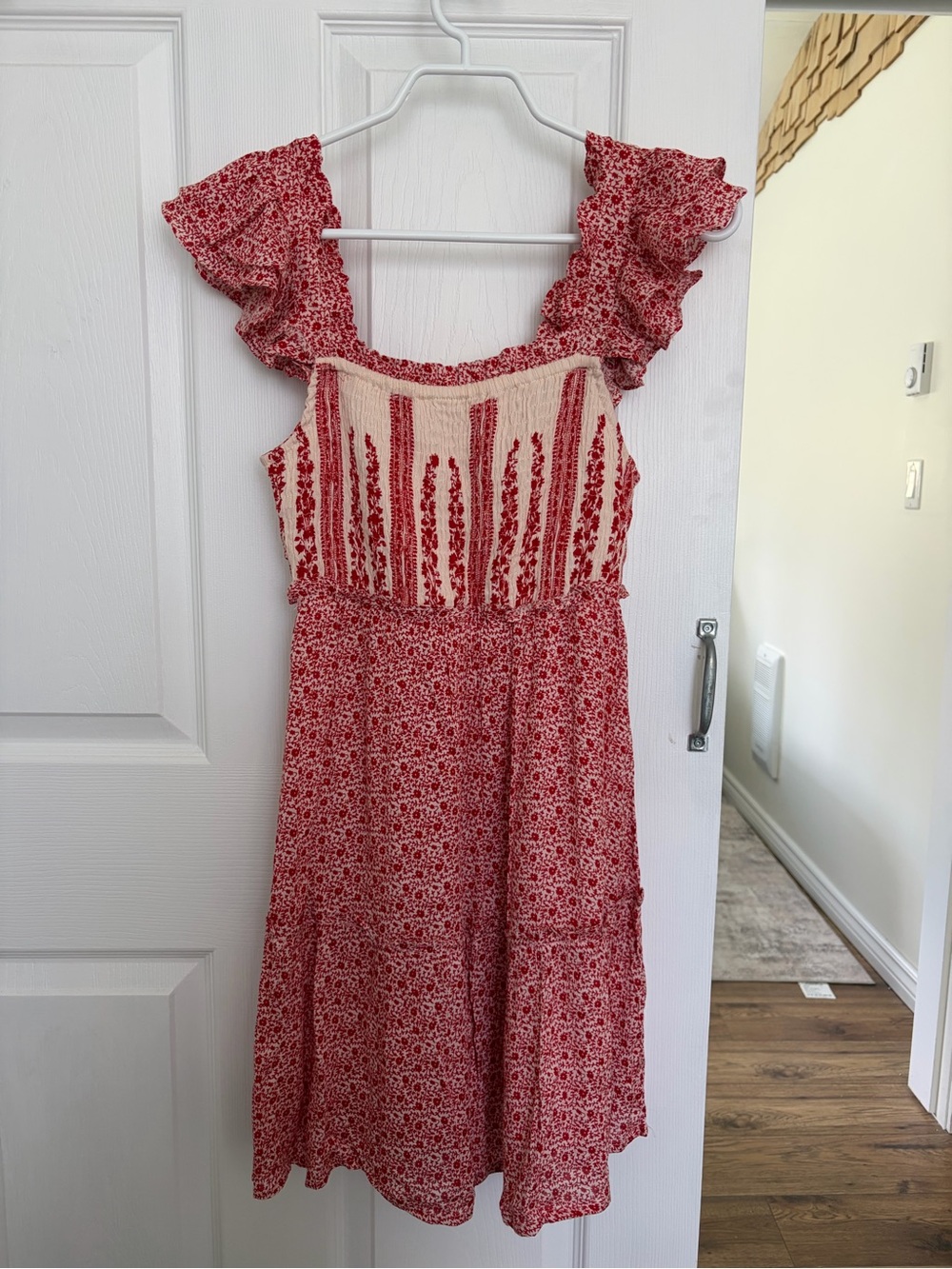 Red Floral Smocked Mini Dress with Ruffle Sleeves
